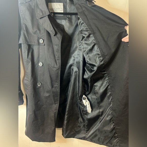 ZARA Basic, size M, long black trench coat, belt, pockets, button up front - Picture 7 of 12